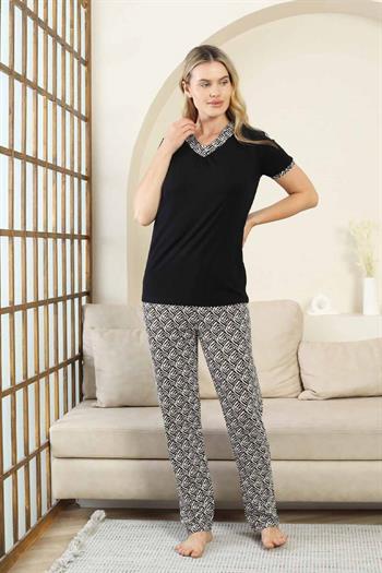 Etnik Desenli Kadın Pijama Takımı - Siyah V Yaka Kısa Kollu Bambu Likralı 2866KY