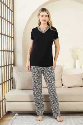 Etnik Desenli Kadın Pijama Takımı - Siyah V Yaka Kısa Kollu Bambu Likralı 2866KY