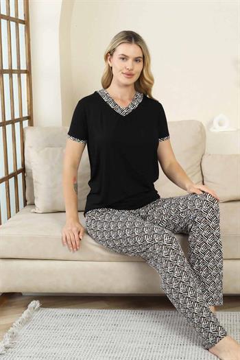 Etnik Desenli Kadın Pijama Takımı - Siyah V Yaka Kısa Kollu Bambu Likralı 2866KY