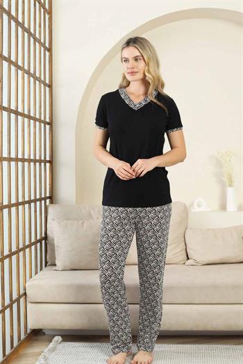 Etnik Desenli Kadın Pijama Takımı - Siyah V Yaka Kısa Kollu Bambu Likralı 2866KY