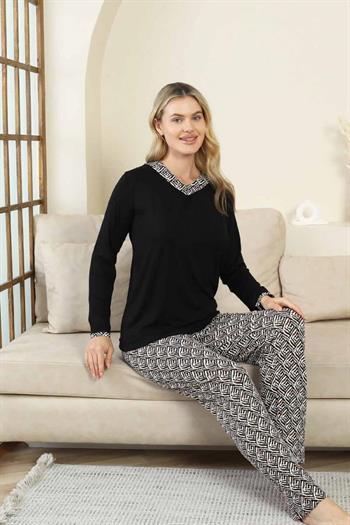 Etnik Desenli Kadın Pijama Takımı - Siyah V Yaka Uzun Kollu Bambu Likralı 2866UY