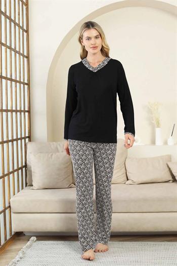 Etnik Desenli Kadın Pijama Takımı - Siyah V Yaka Uzun Kollu Bambu Likralı 2866UY