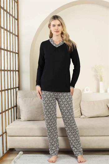 Etnik Desenli Kadın Pijama Takımı - Siyah V Yaka Uzun Kollu Bambu Likralı 2866UY