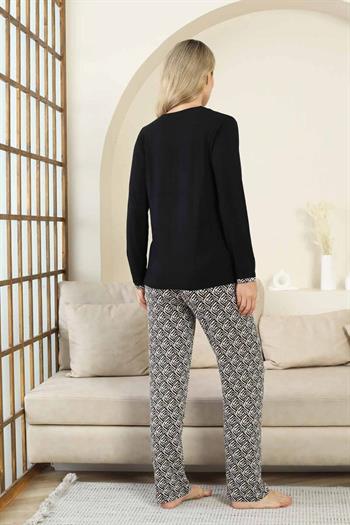 Etnik Desenli Kadın Pijama Takımı - Siyah V Yaka Uzun Kollu Bambu Likralı 2866UY