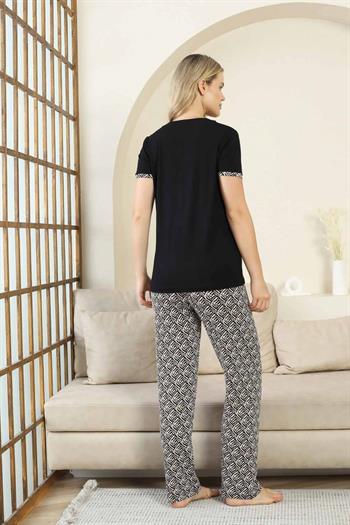 Etnik Desenli Kadın Pijama Takımı - Siyah V Yaka Kısa Kollu Bambu Likralı 2866KY