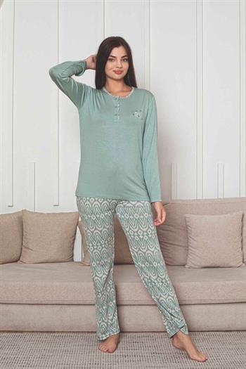Etnik Desenli Kadın Pijama Takımı - Yeşil Nakışlı Uzun Kollu Likralı Kumaş 2878UY