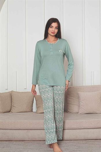 Etnik Desenli Kadın Pijama Takımı - Yeşil Nakışlı Uzun Kollu Likralı Kumaş 2878UY
