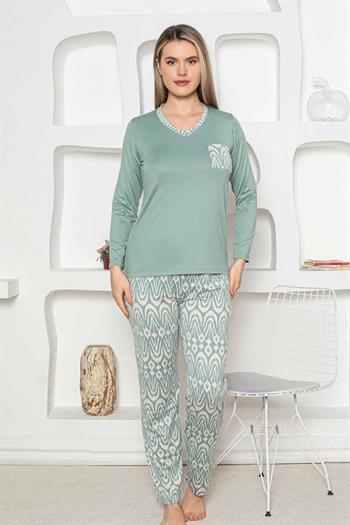 Etnik Desenli Kadın Pijama Takımı - Yeşil Uzun Kollu Milan kumaş 2824UY