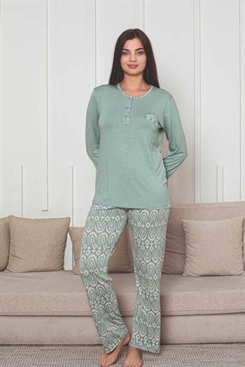 Etnik Desenli Kadın Pijama Takımı - Yeşil Nakışlı Uzun Kollu Likralı Kumaş 2878UY