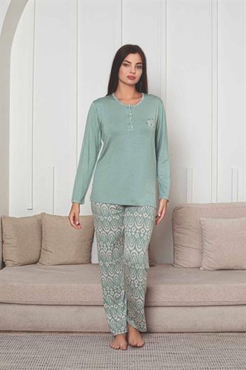 Etnik Desenli Kadın Pijama Takımı - Yeşil Nakışlı Uzun Kollu Likralı Kumaş 2878UY