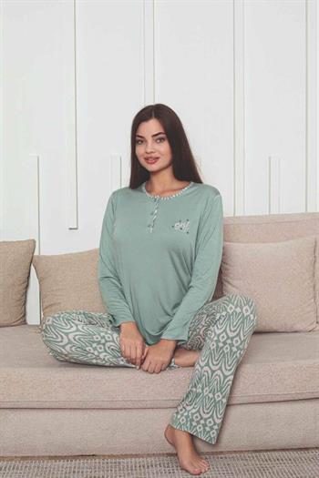 Etnik Desenli Kadın Pijama Takımı - Yeşil Nakışlı Uzun Kollu Likralı Kumaş 2878UY