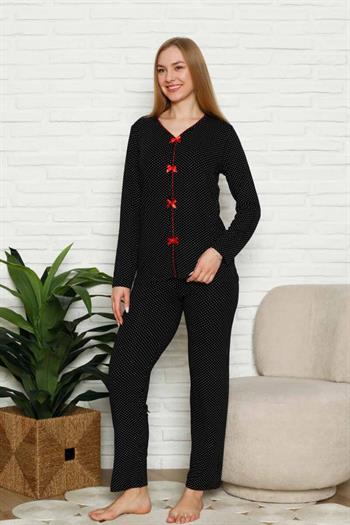 Fiyonklu Kadın Pijama Takımı - Siyah Puantiyeli Uzun Kol Likralı 2828UY