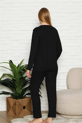 Fiyonklu Kadın Pijama Takımı - Siyah Puantiyeli Uzun Kol Likralı 2828UY