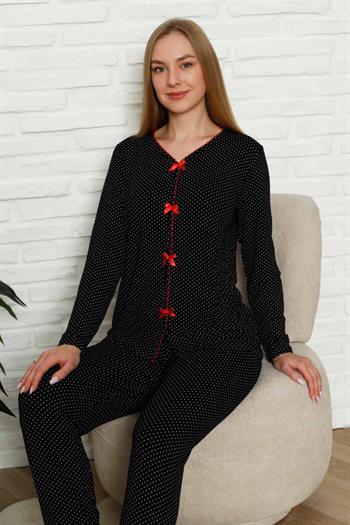 Fiyonklu Kadın Pijama Takımı - Siyah Puantiyeli Uzun Kol Likralı 2828UY