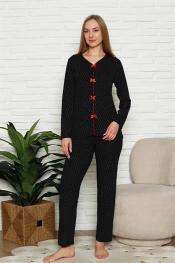 Fiyonklu Kadın Pijama Takımı - Siyah Puantiyeli Uzun Kol Likralı 2828UY