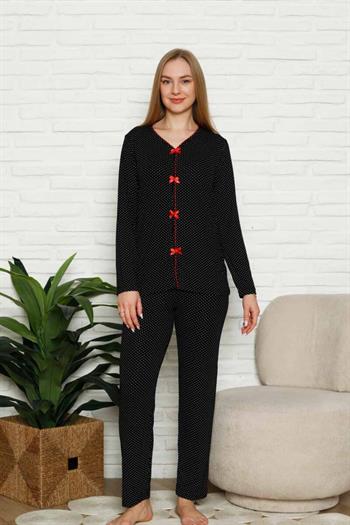 Fiyonklu Kadın Pijama Takımı - Siyah Puantiyeli Uzun Kol Likralı 2828UY