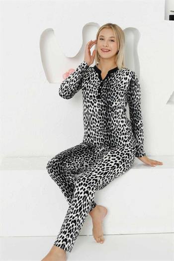 Gri Leopar Uzun Kollu Bayan Pijama Takımı 2761UK