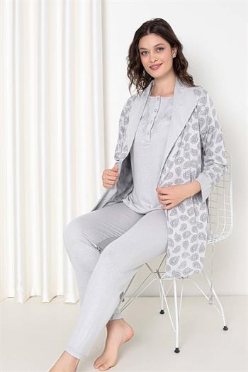 Gri Sabahlıklı 3 lü Kutulu Kadın Pijama Takımı 2647