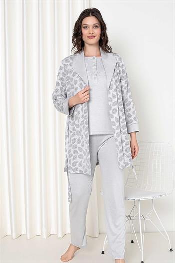 Gri Sabahlıklı 3 lü Kutulu Kadın Pijama Takımı 2647