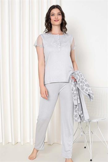 Gri Sabahlıklı 3 lü Kutulu Kadın Pijama Takımı 2647