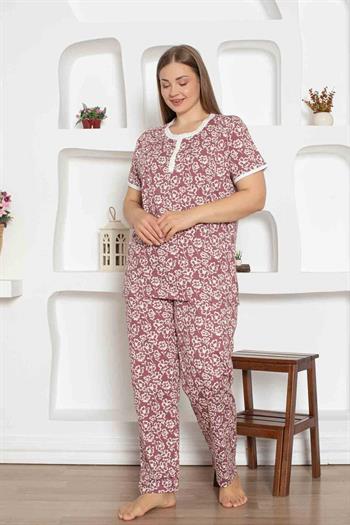 Gül Kurusu Çiçek Desenli Büyük Beden Bayan Pijama Takımı 2794KYB