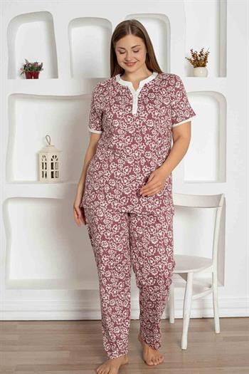 Gül Kurusu Çiçek Desenli Büyük Beden Bayan Pijama Takımı 2795KYB