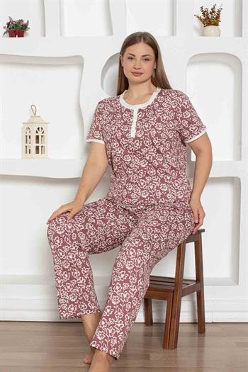Gül Kurusu Çiçek Desenli Büyük Beden Bayan Pijama Takımı 2794KYB
