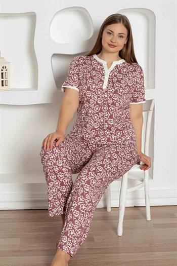 Gül Kurusu Çiçek Desenli Büyük Beden Bayan Pijama Takımı 2795KYB