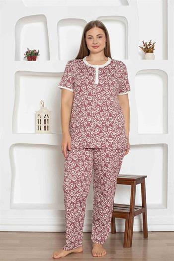 Gül Kurusu Çiçek Desenli Büyük Beden Bayan Pijama Takımı 2794KYB