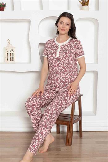 Gül Kurusu Çiçek Desenli Penye Bayan Pijama Takımı 2794KY