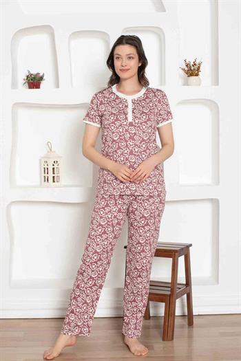 Gül Kurusu Çiçek Desenli Penye Bayan Pijama Takımı 2794KY