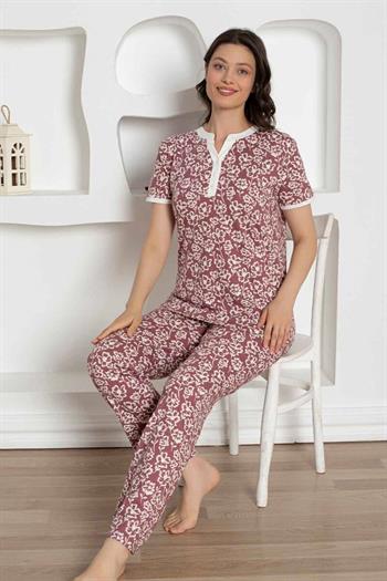 Gül Kurusu Çiçek Desenli Penye Bayan Pijama Takımı 2795KY