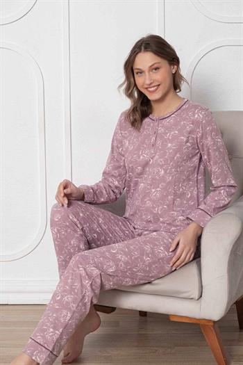 Gülkurusu Çiçek Desenli Uzun Kollu Bayan Pijama Takımı 2786UY