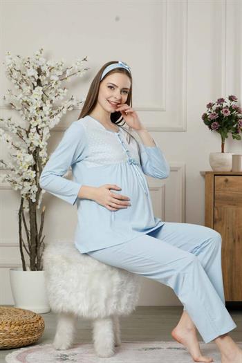 Hamile Lohusa Pijama Takımı - Mavi Dantel Detaylı Saç Bantlı Uzun Kollu 2378