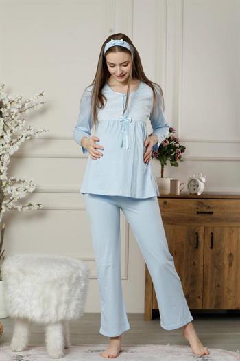 Hamile Lohusa Pijama Takımı - Mavi Dantel Detaylı Saç Bantlı Uzun Kollu 2378