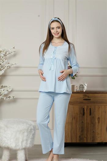Hamile Lohusa Pijama Takımı - Mavi Dantel Detaylı Saç Bantlı Uzun Kollu 2378