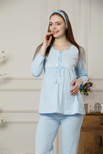 Hamile Lohusa Pijama Takımı - Mavi Dantel Detaylı Saç Bantlı Uzun Kollu 2378
