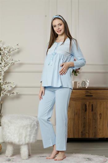 Hamile Lohusa Pijama Takımı - Mavi Dantel Detaylı Saç Bantlı Uzun Kollu 2378