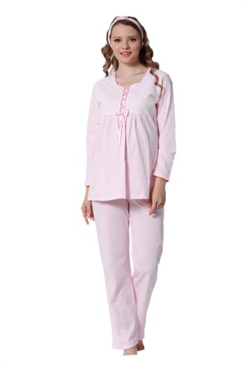 Hamile Lohusa Pijama Takımı - Pembe Dantel Detaylı Saç Bantlı Uzun Kollu 2378