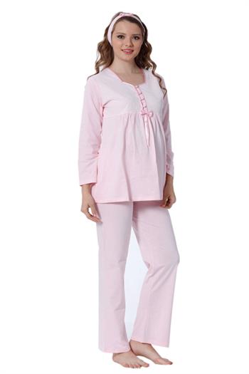 Hamile Lohusa Pijama Takımı - Pembe Dantel Detaylı Saç Bantlı Uzun Kollu 2378