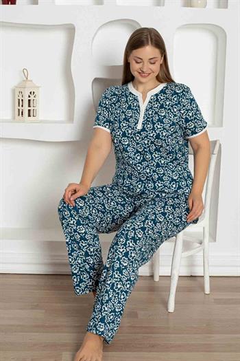 İndigo Çiçek Desenli Büyük Beden Bayan Pijama Takımı 2795KYB