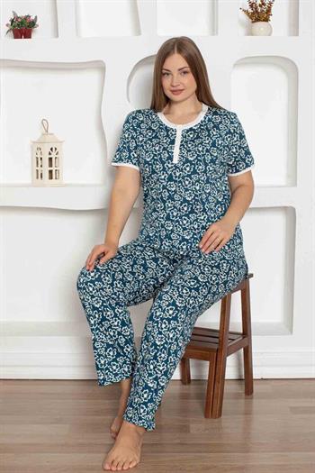 İndigo Çiçek Desenli Büyük Beden Bayan Pijama Takımı 2794KYB