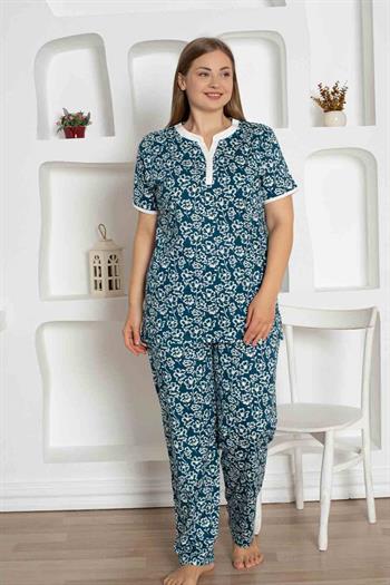İndigo Çiçek Desenli Büyük Beden Bayan Pijama Takımı 2795KYB