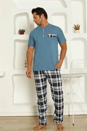 İndigo Kareli Kısa Kollu Erkek Pijama Takımı 1207KY