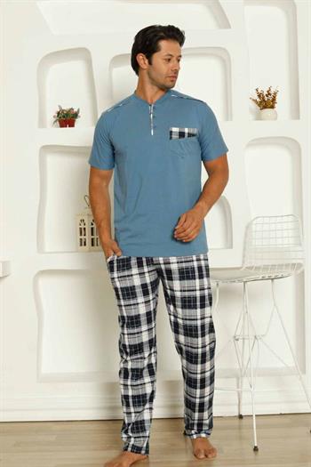 İndigo Kareli Kısa Kollu Erkek Pijama Takımı 1207KY