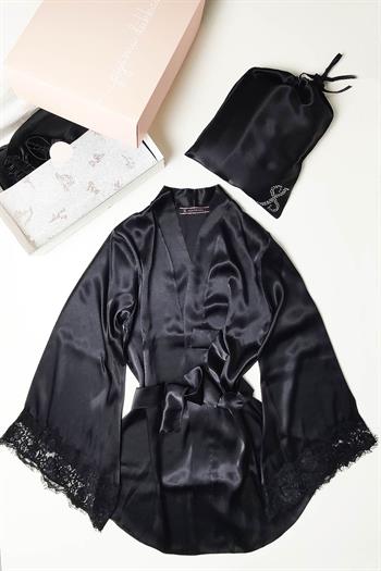 İpek Saten 8 li  Çeyizlik Pijama Seti - Siyah Dantelli Sabahlık Gecelik Şort 8000MS