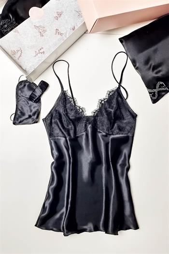 İpek Saten 8 li  Çeyizlik Pijama Seti - Siyah Dantelli Sabahlık Gecelik Şort 8000MS