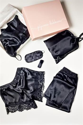 İpek Saten 8 li  Çeyizlik Pijama Seti - Siyah Dantelli Sabahlık Gecelik Şort 8000MS