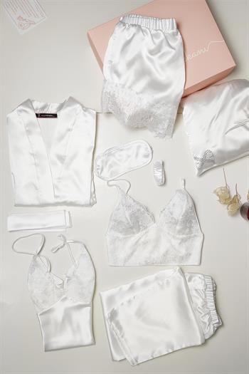 İpek Saten 8 li Çeyizlik Pijama Seti - Beyaz Dantelli Sabahlık Gecelik Şort 8000MS