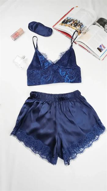 İpek Saten 8 li Çeyizlik Pijama Seti - Lacivert Dantelli Sabahlık Gecelik Şort 8000MS